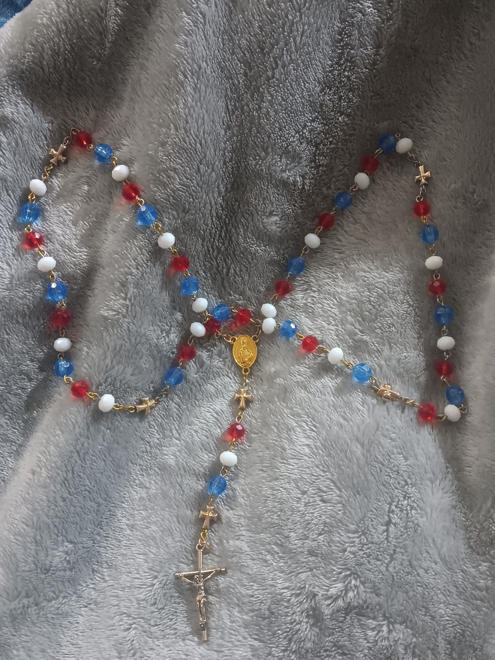 Gold-Tone Rosary with Red, White & Blue Beads